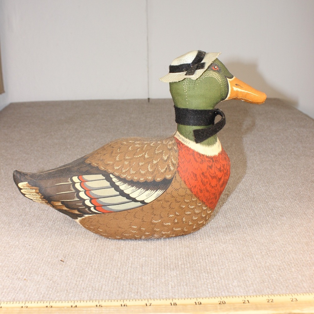 Vintage Mallard Duck Fabric Doorstop Weighted Plush Figure with Hat and Scarf